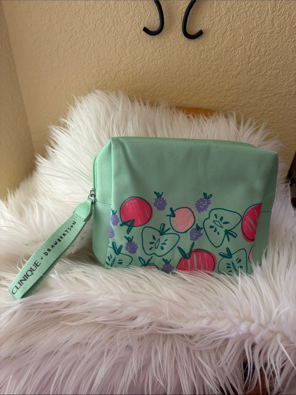 Clinique X Drawbrrtson Mint Green Strawberry Print Wristlet Cosmetic Pouch